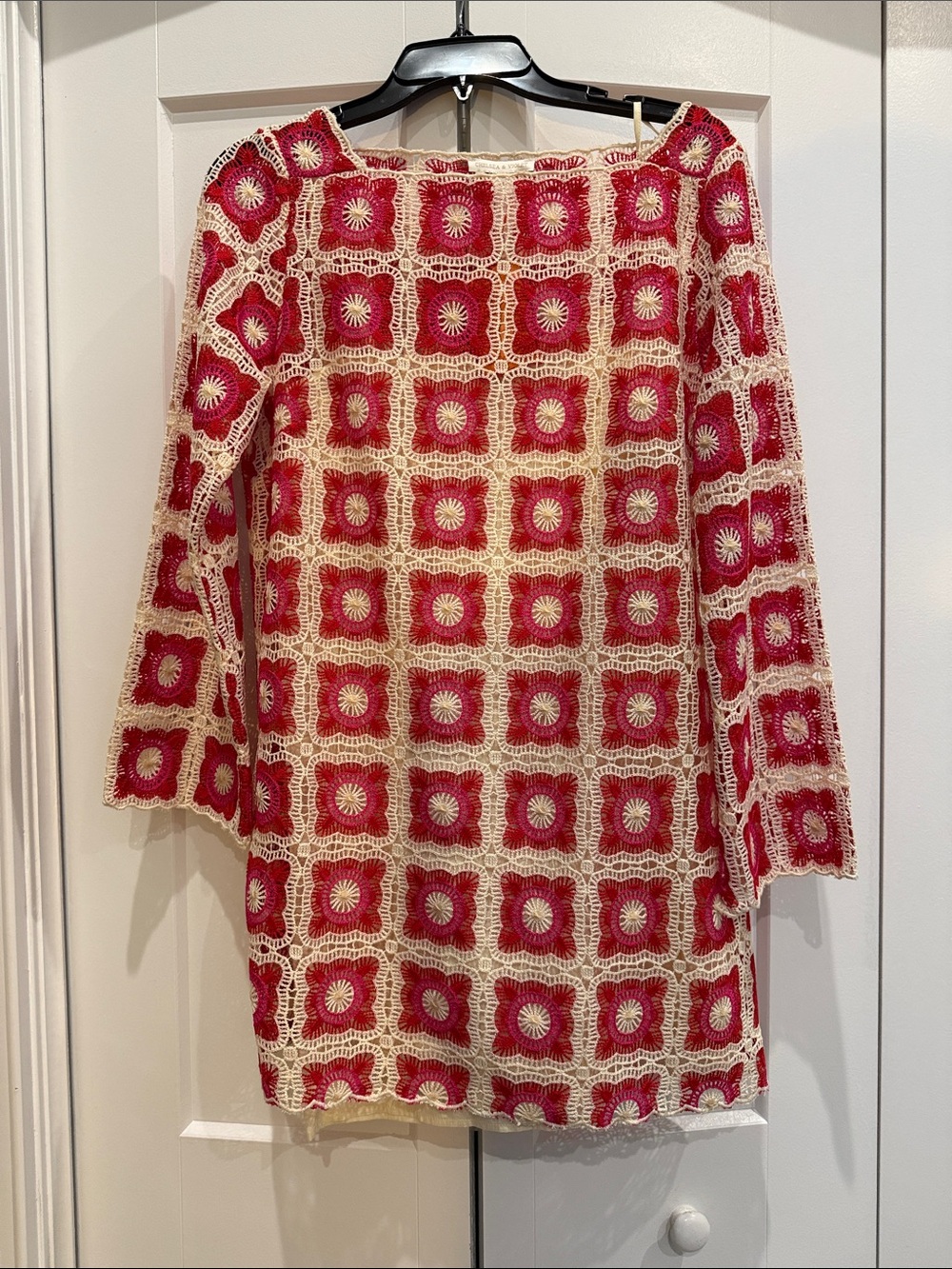 Chelsea & Violet Crochet Square Dress - Cream, Fuchsia & Red